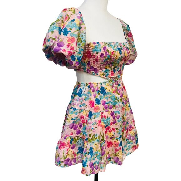 Sky To The Moon Cutout Floral Mini Dress Flare Puff Sleeve Smocked Open Back - Picture 6 of 12